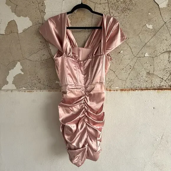 Superdown Corset Dress Satin Ruched Mini NWT Womens S‎ Blush Off Shoulder Party - Picture 5 of 7